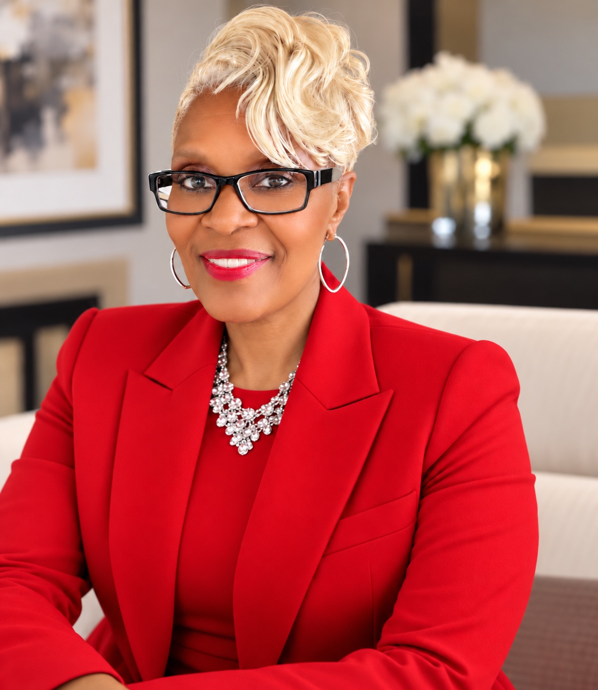 Minister Diana Turner in a red suit